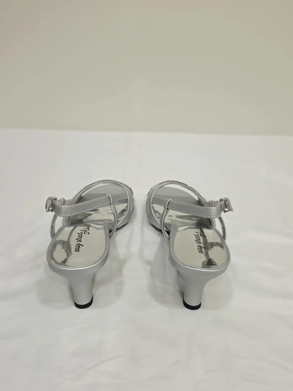 easy street Silver Satin Delite Rhinestone Slingback Heels